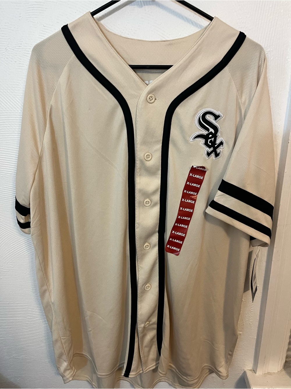 Men's Beige Baseball Jersey with Black Trim and Team Patch